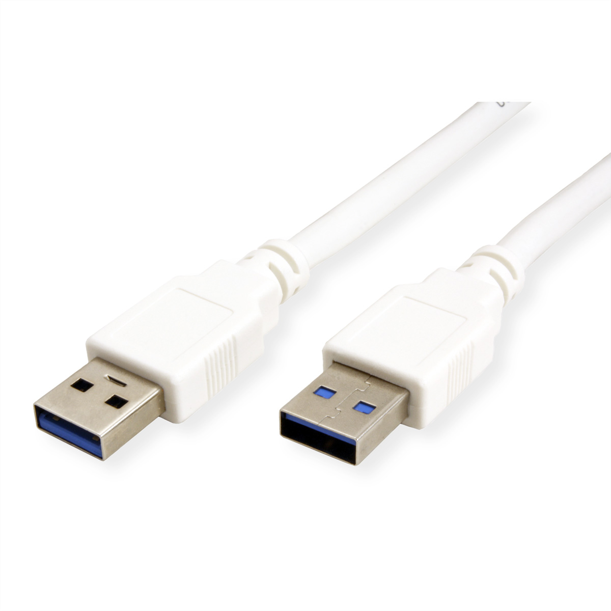 Witte USB-kabel met blauwe connectoren op een witte achtergrond.