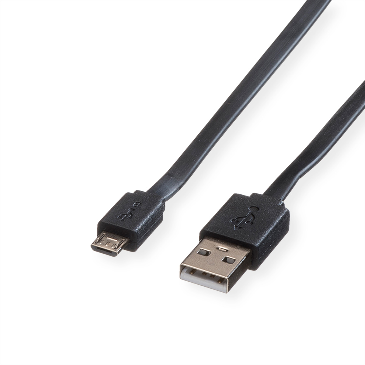 Twee zwarte USB-kabels, één micro-USB en één standaard USB, op een wit oppervlak.