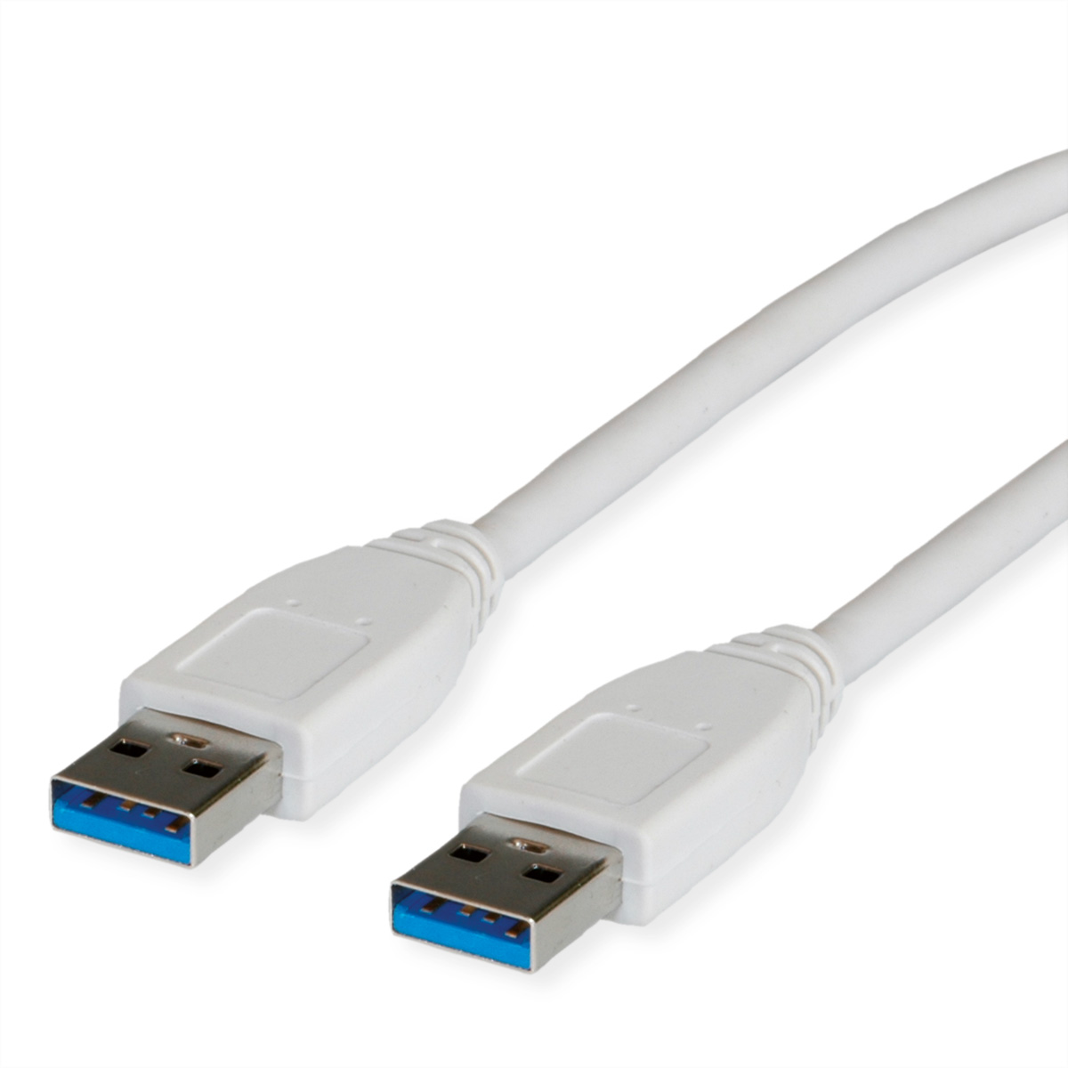 Twee witte USB 3.0-kabels met blauwe connectoren op een witte achtergrond.