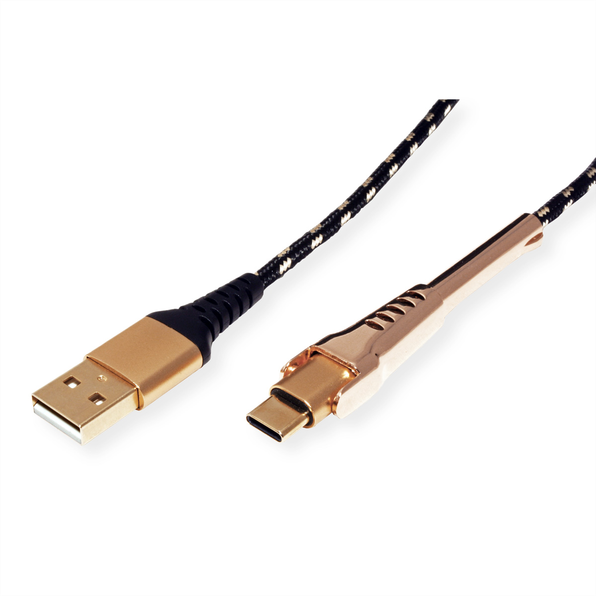Gold USB to USB-C cable with black and gold braided design.