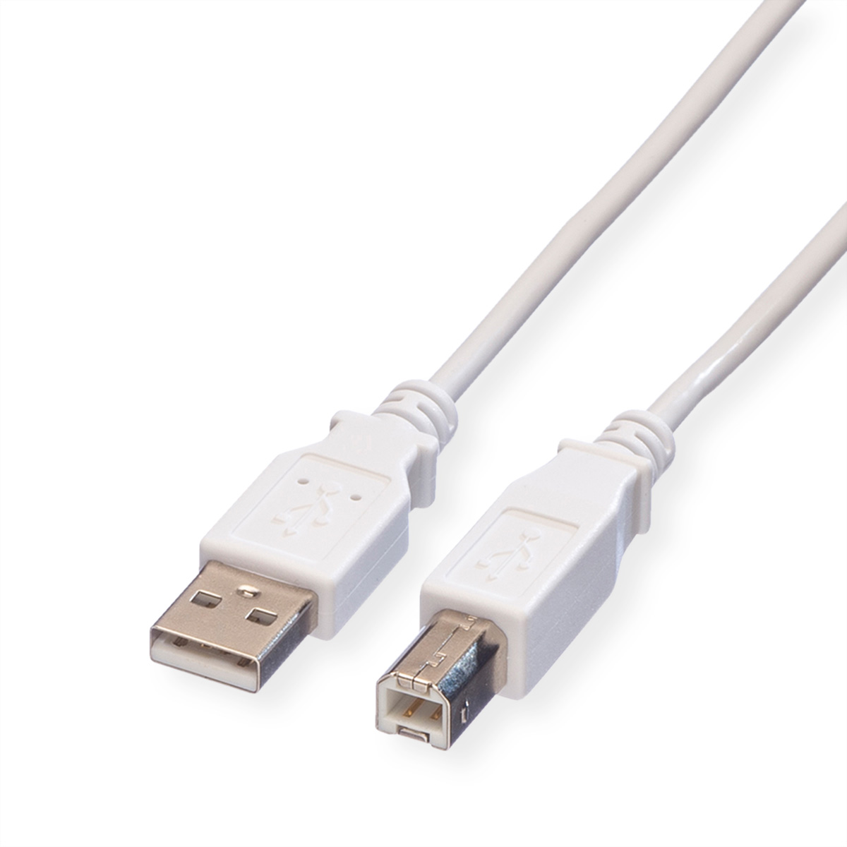 Câble USB blanc avec connecteur USB standard et connecteur USB rectangulaire, fond blanc.