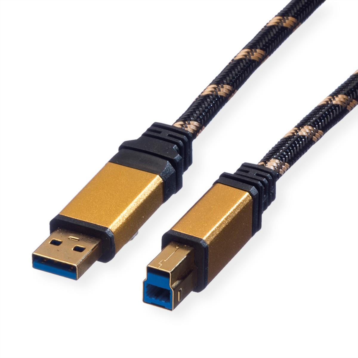 Een gevlochten USB-kabel met goudkleurige connectoren op een witte achtergrond.