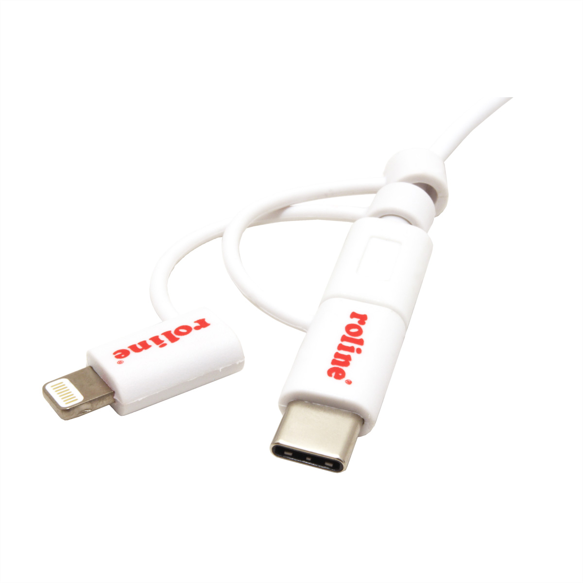 White charging cable with a USB-C and a lightning connector. The brand name, 'roline', is visible.
