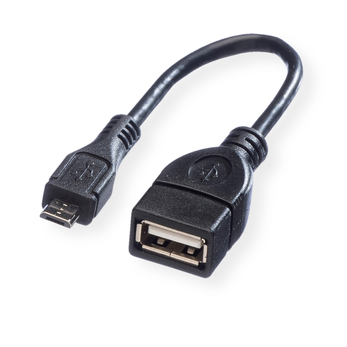 Câble USB noir. Une extrémité a un connecteur micro USB, l'autre un port USB.