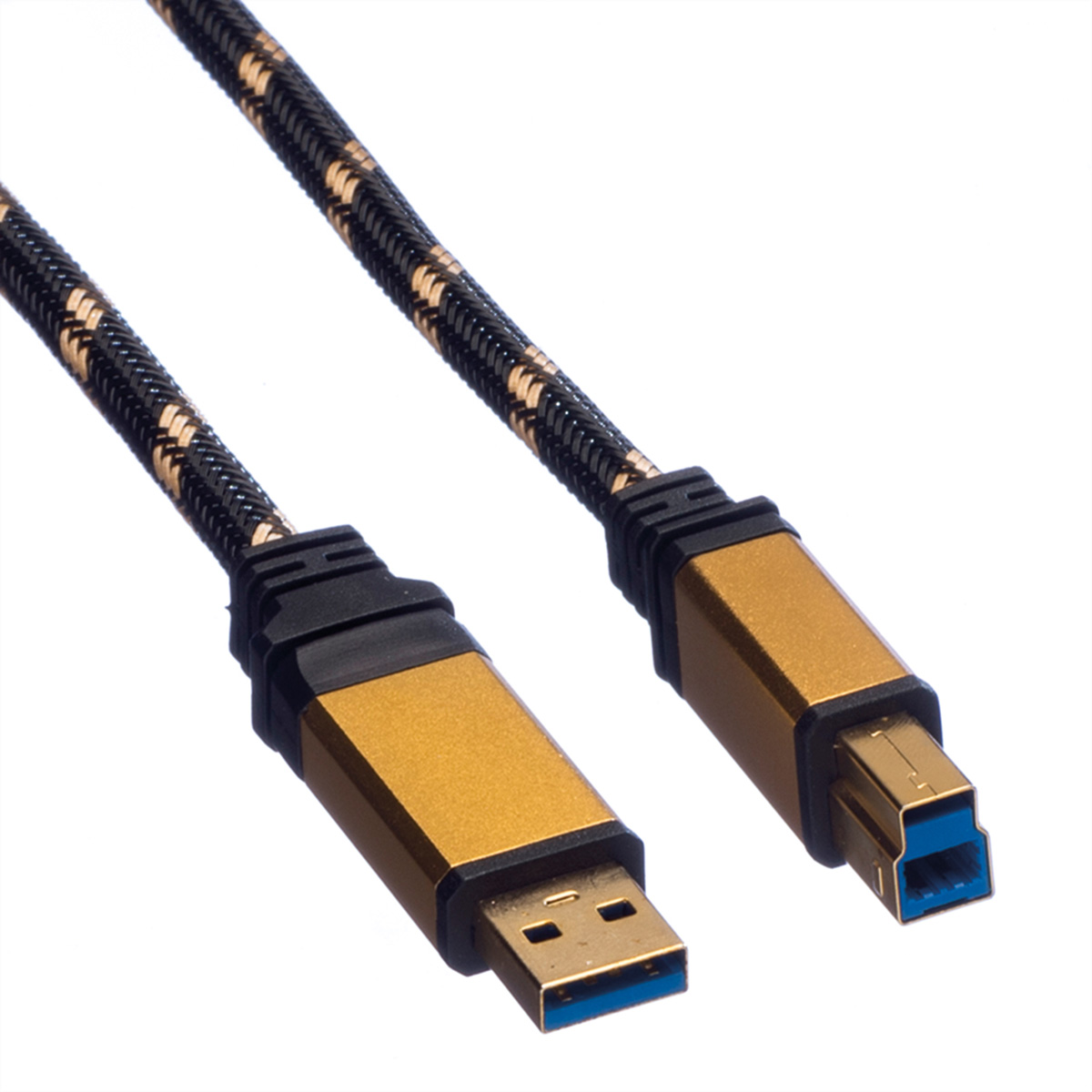 Twee USB-kabels met gouden connectoren en een gevlochten zwart-gouden kabel. Blauwe connector uiteinden.