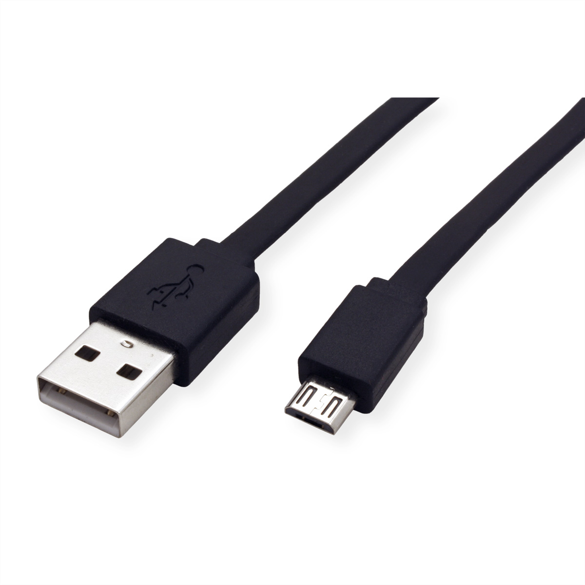 Een zwarte USB-kabel met een standaard USB-connector aan één kant en een micro-USB aan de andere kant.