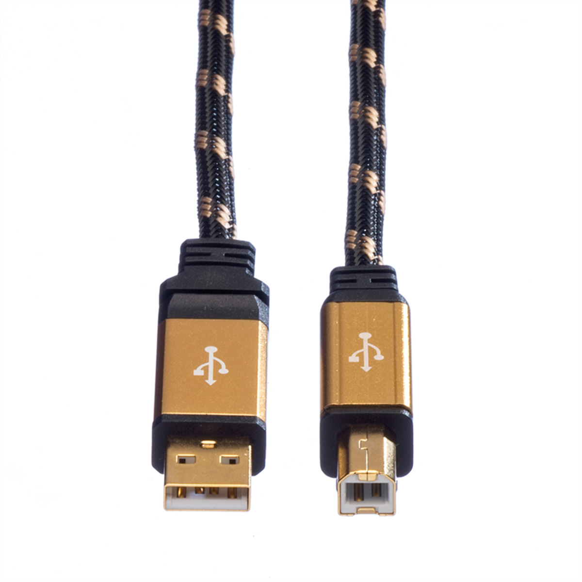 USB to USB cable with black and gold braided wire and gold connectors.