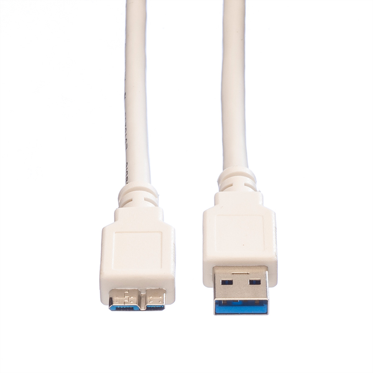 White USB cable with two ends, USB and micro USB.