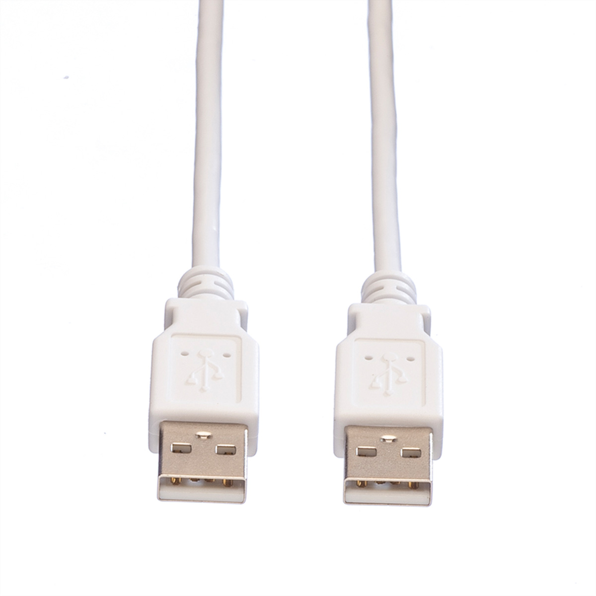 Due cavi USB bianchi con connettori USB-A su sfondo bianco. Sono paralleli.