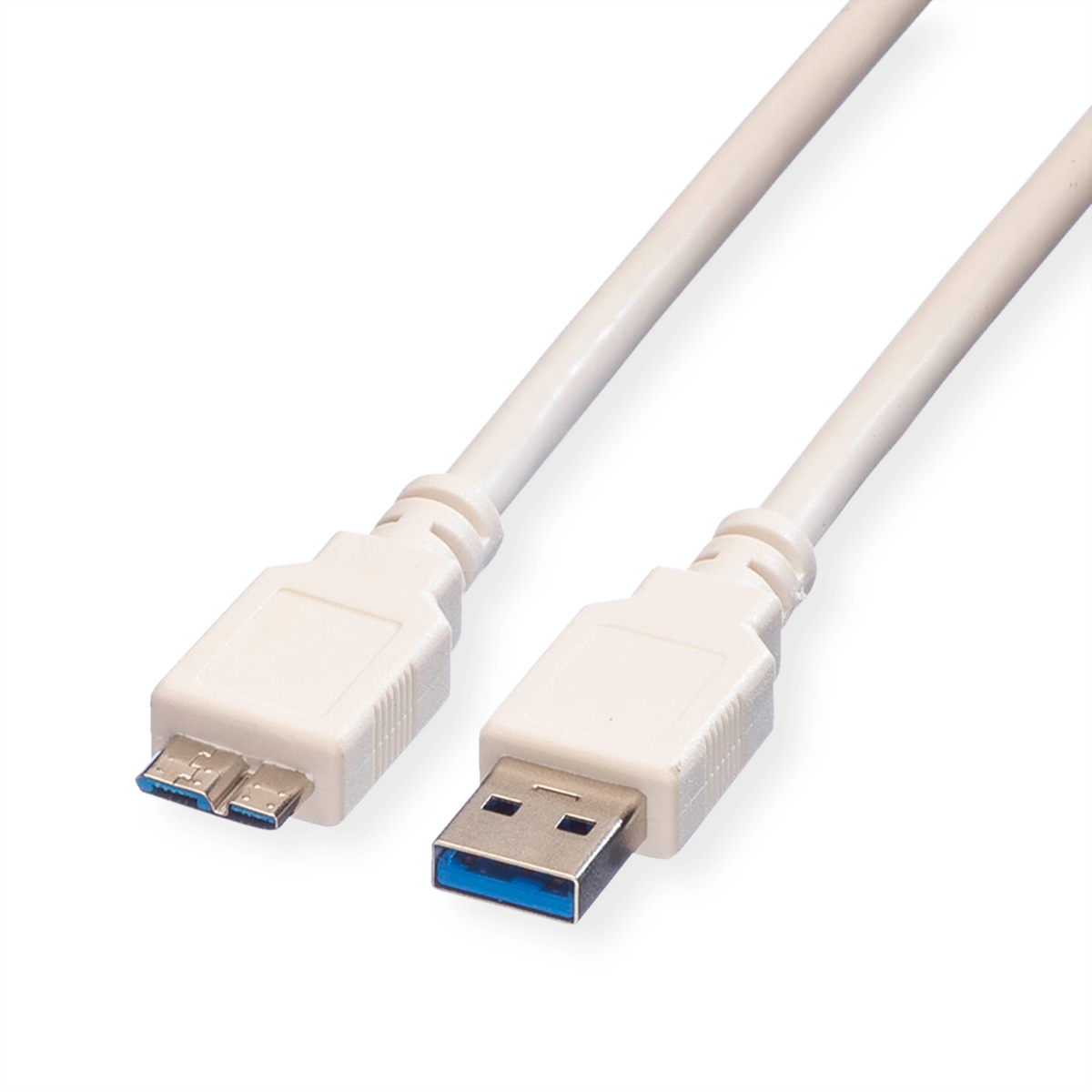A white USB cable with a micro USB and a USB-A connector is displayed on a white background.