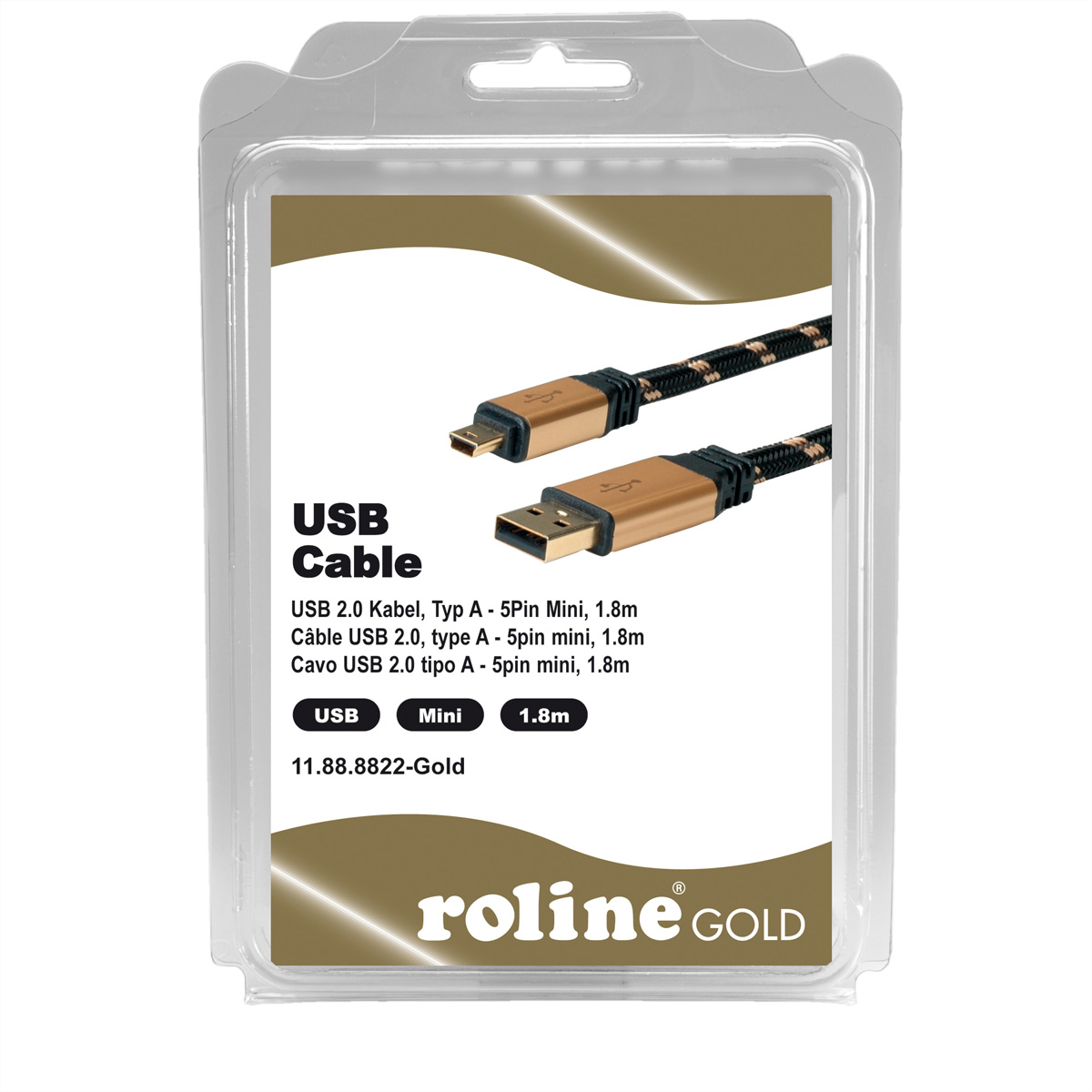 Cavo USB in confezione di plastica, etichettato "USB Cable", con connettore USB-A e mini-USB.