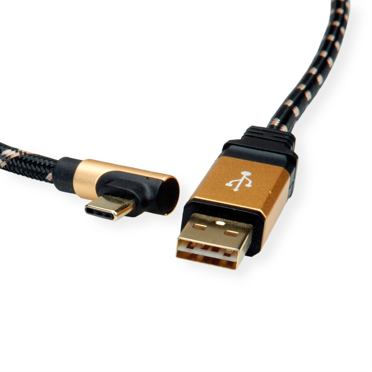 Un câble USB-C vers USB-A avec des connecteurs dorés, présenté sur un fond blanc.