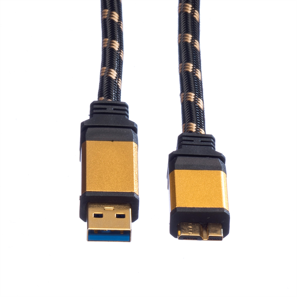Câble USB noir et doré avec connecteurs USB et micro USB sur fond blanc.