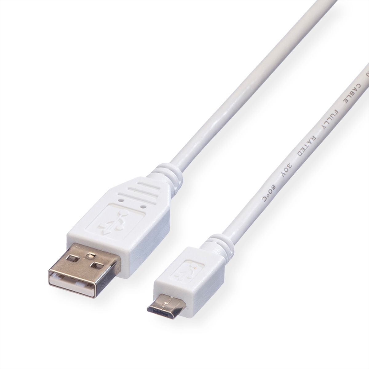 Un câble USB vers micro USB blanc sur fond blanc. Les deux extrémités sont visibles.