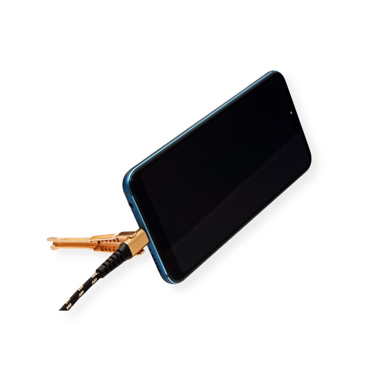 Smartphone with black screen, blue frame, and a gold-colored charging cable connected.
