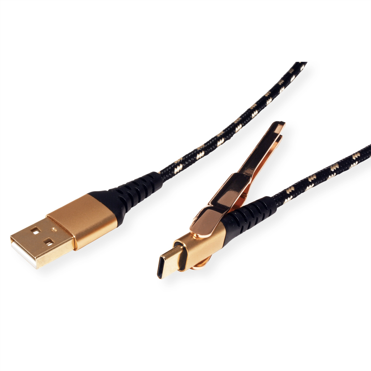 A USB to USB-C cable with gold connectors, against a white background.