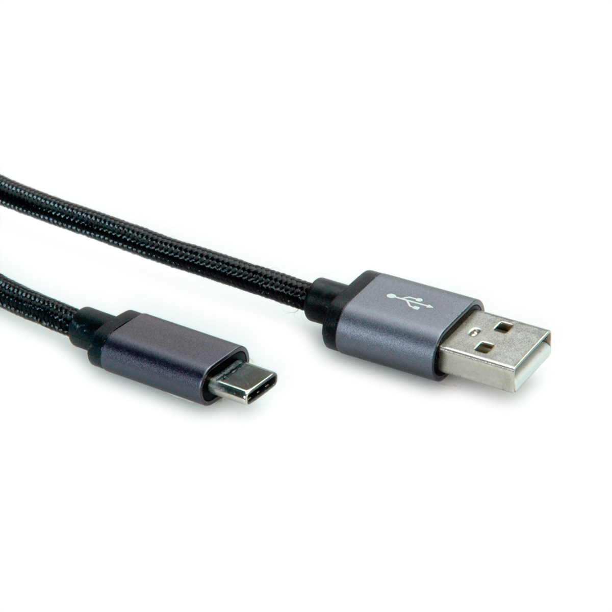 Câble USB-C avec connecteur USB. Le câble est noir et gris, sur fond blanc.