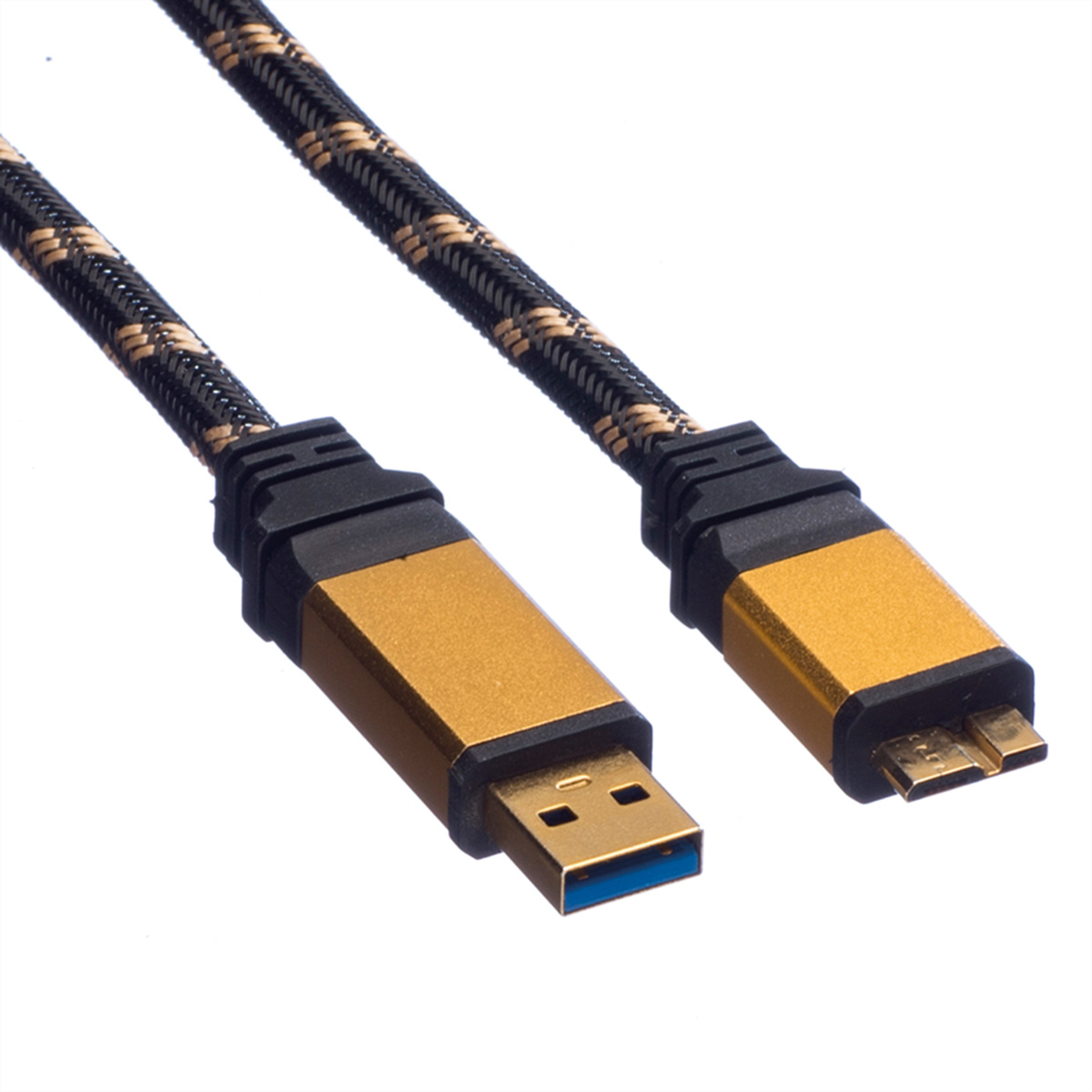 Câble USB avec connecteurs dorés et un câble tressé noir et doré.