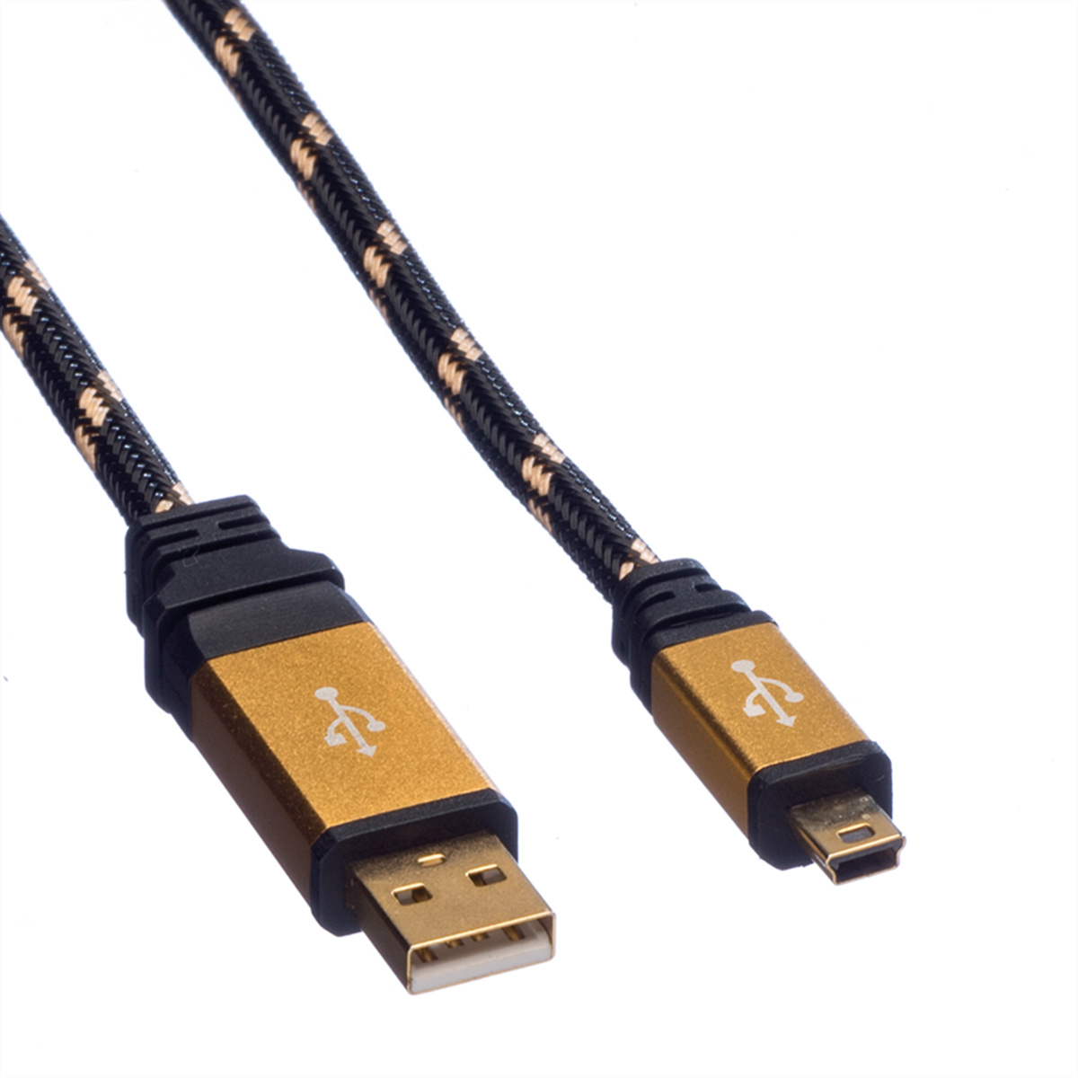 A gold and black USB to micro USB cable, with a detailed close-up of the connectors.