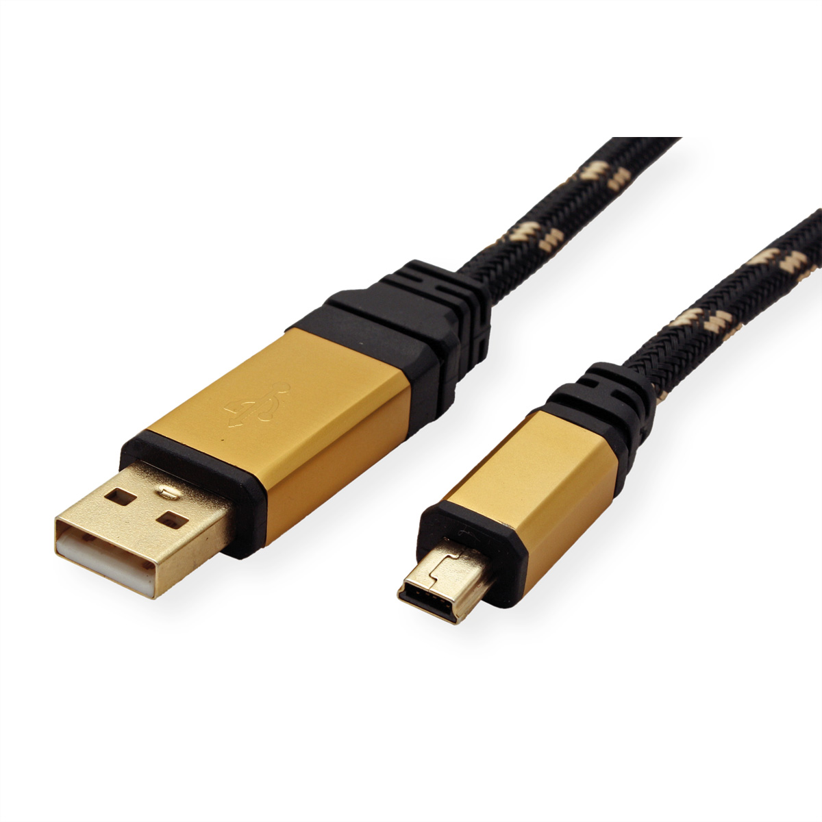 Gold and black USB cable with USB-A and Micro-USB connectors, on a white background.