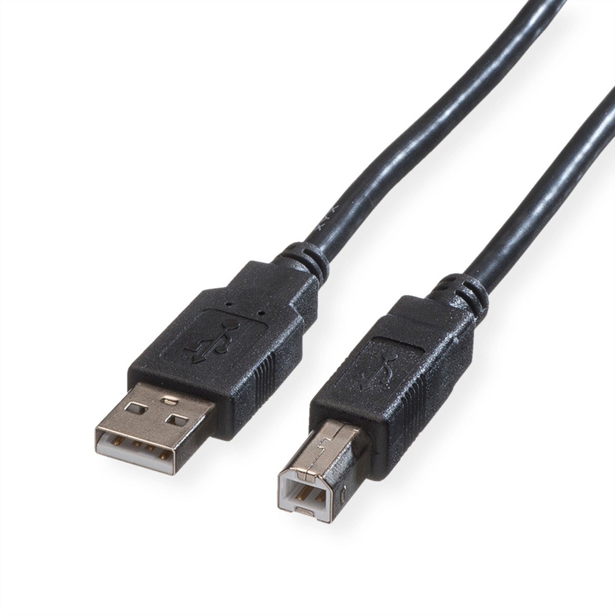 Zwarte USB naar USB-B kabel, met USB en USB-B connectoren. Witte achtergrond.