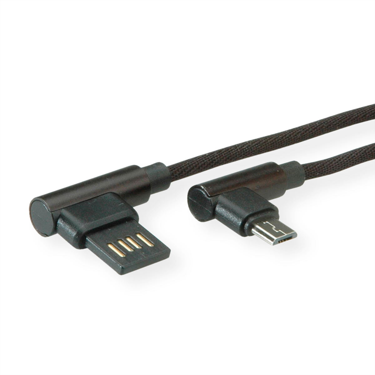 Ein schwarzes USB-Kabel mit einem Micro-USB- und einem USB-A-Anschluss wird auf weißem Hintergrund angezeigt.