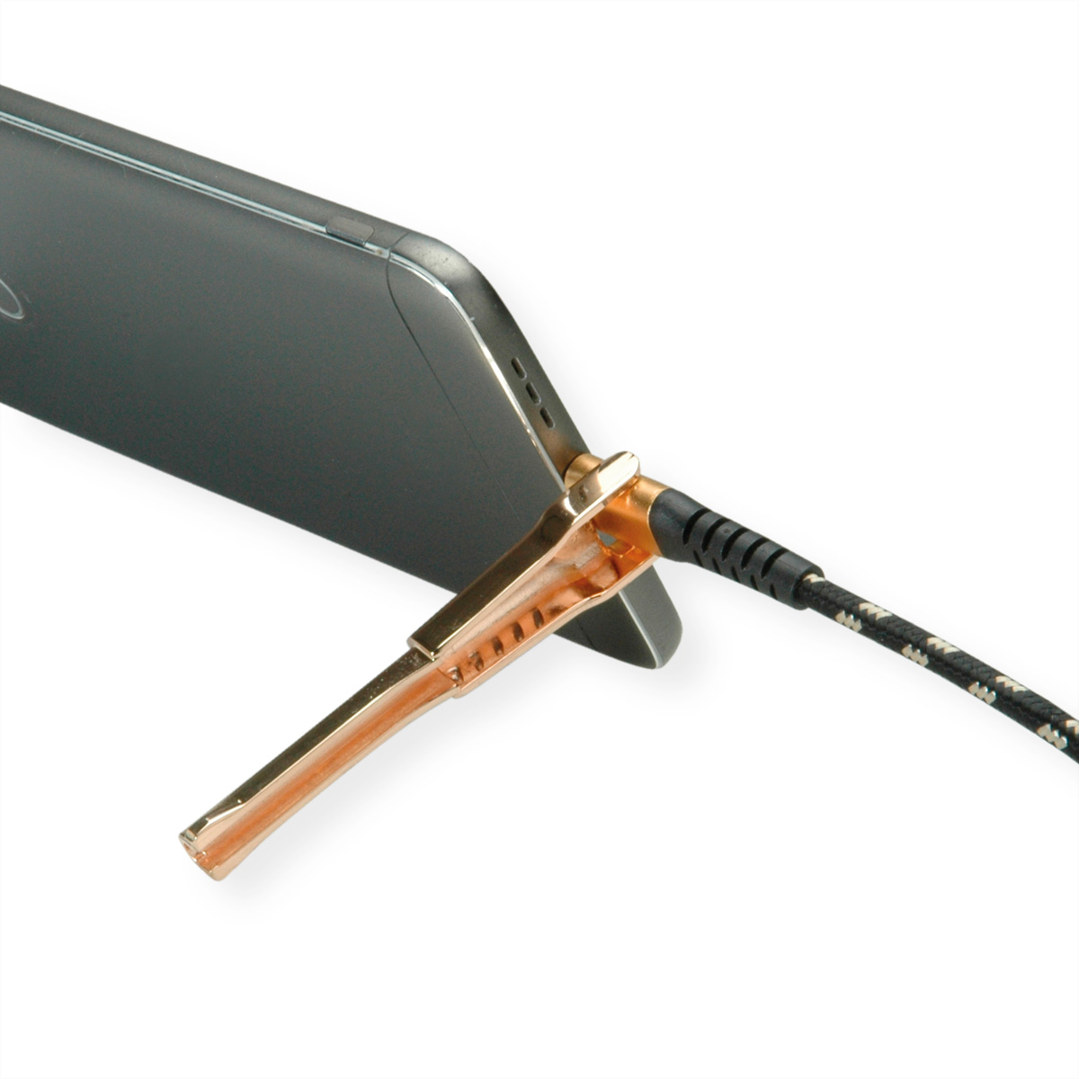 Phone charging cable connected to a phone, with a gold-colored connector.