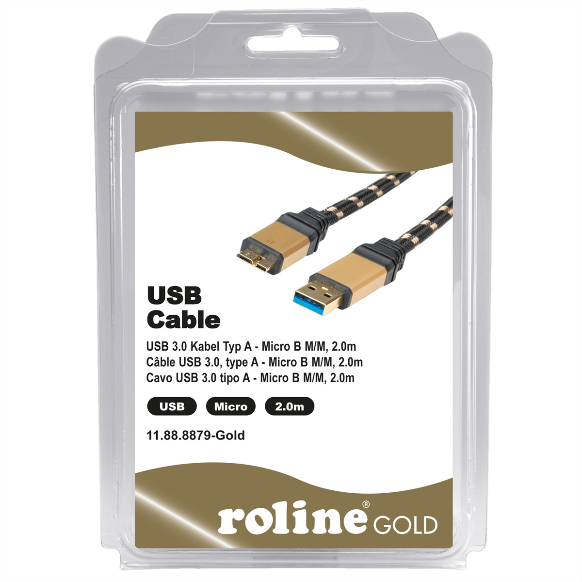 Cavo USB in confezione di plastica trasparente. È nero e oro.