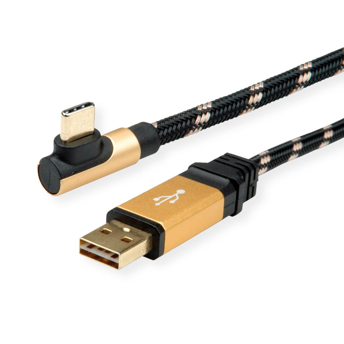Câble USB-C et USB-A, noir et doré avec manchon à motifs, fond blanc.