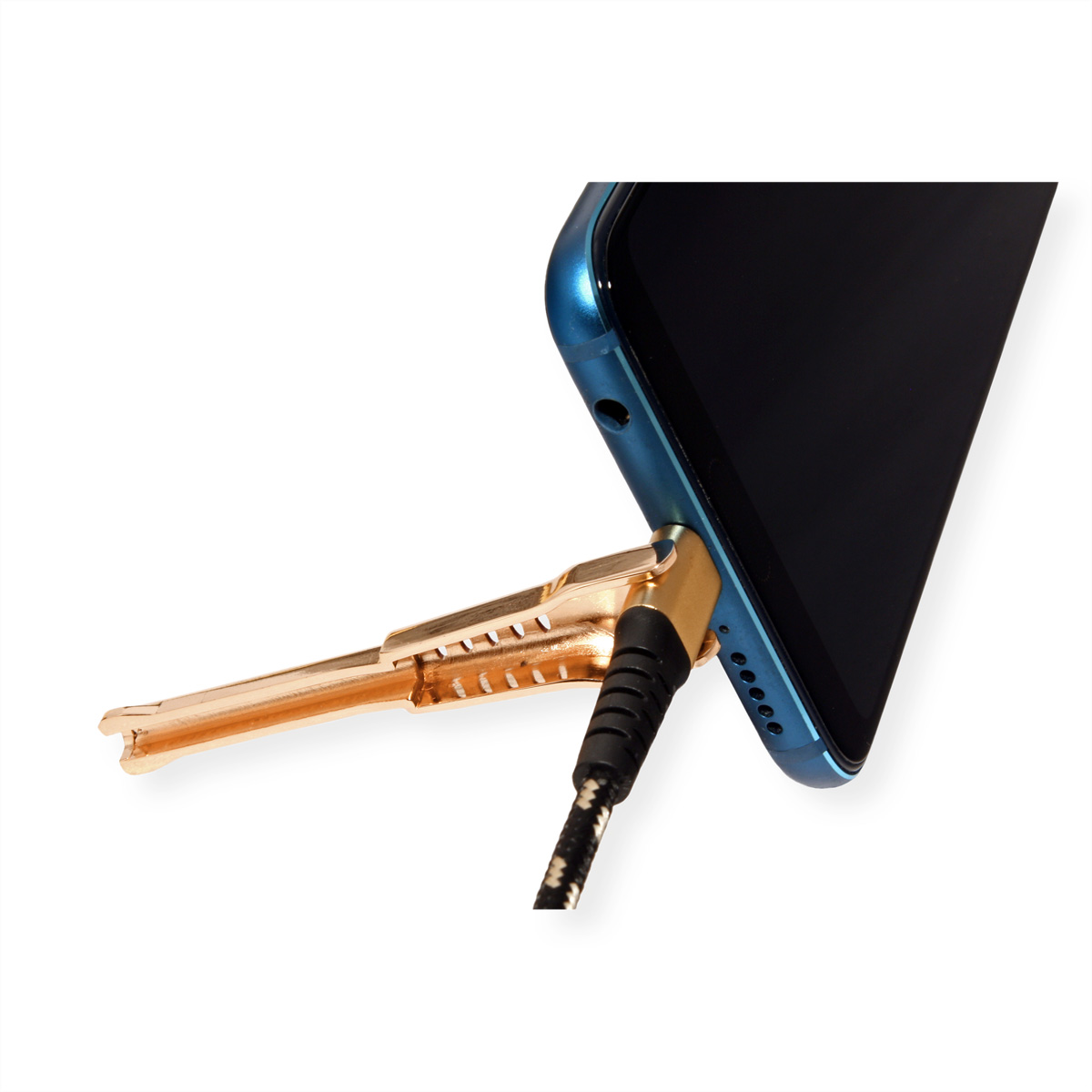 Smartphone with a gold-colored adapter connected to the audio jack. Black cable.