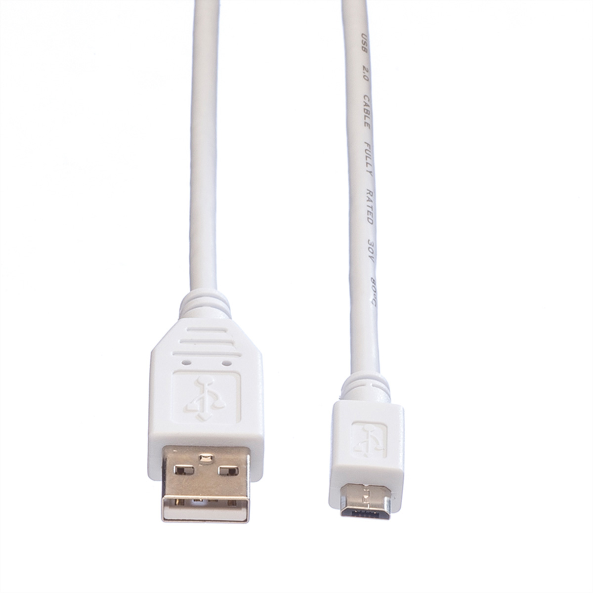 Weißes USB-Kabel mit USB-A- und Micro-USB-Anschlüssen. Text auf dem Kabel: USB 2.0 CABLE, FULLY RATED 30V 80°C.