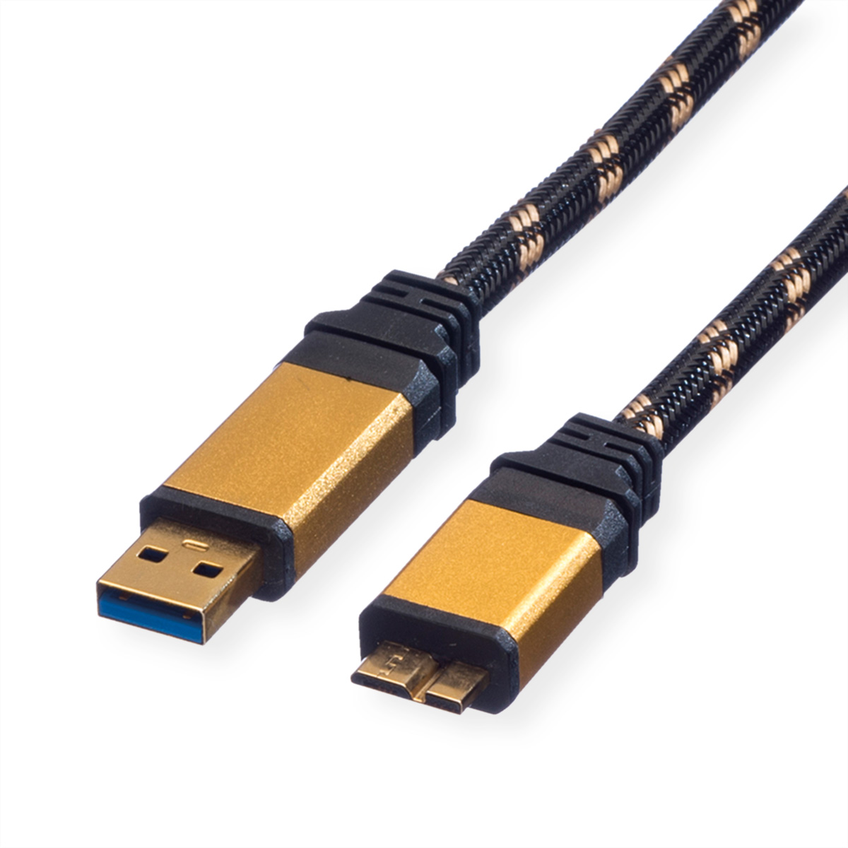 Un câble USB avec des connecteurs dorés et un câble tressé noir.