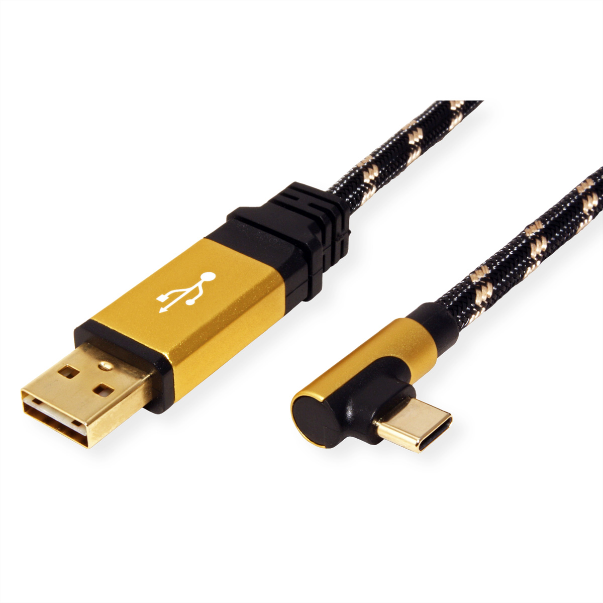 Câble USB noir et doré avec connecteurs USB et USB-C. Fond blanc.