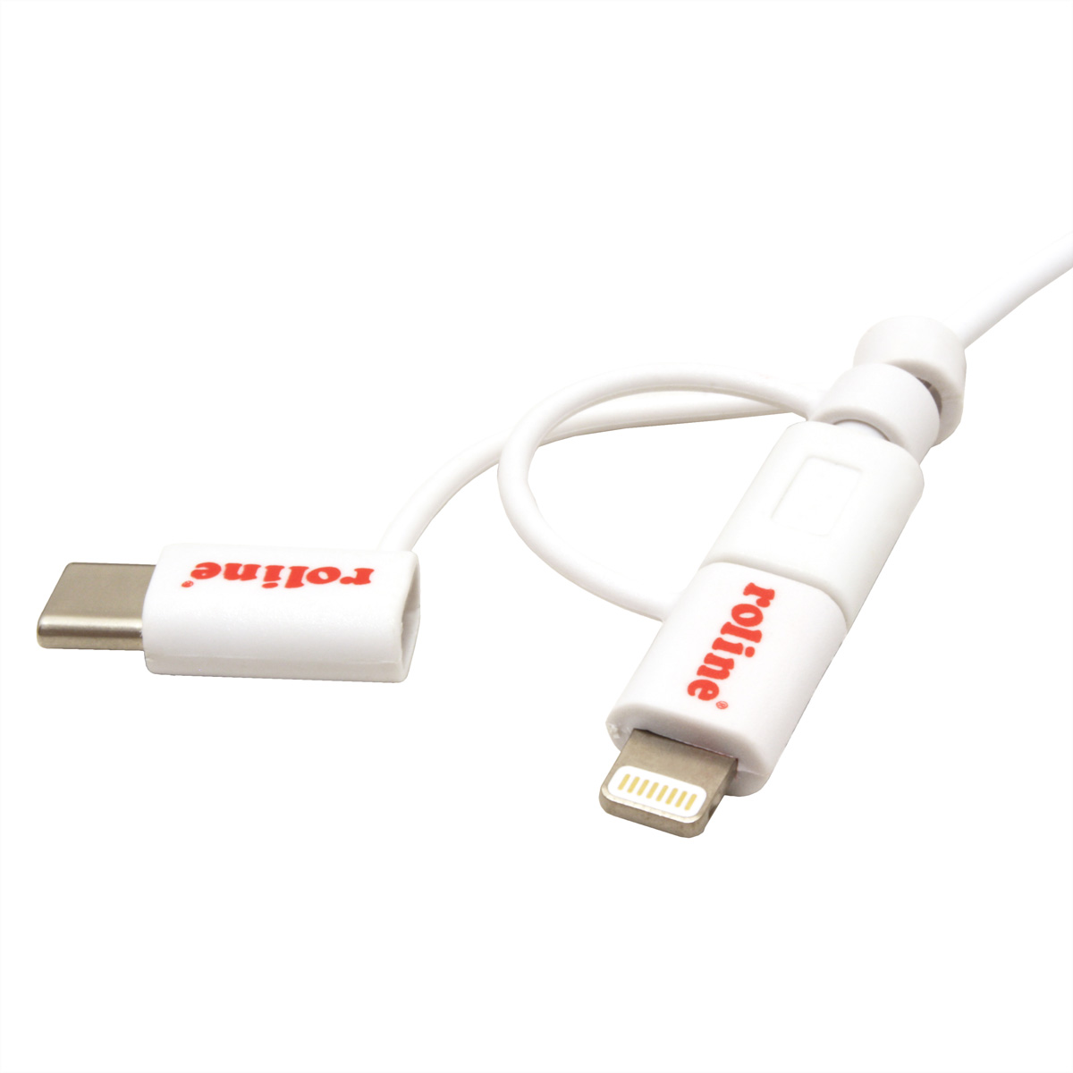White USB cable with a Type-C and Lightning connector.
