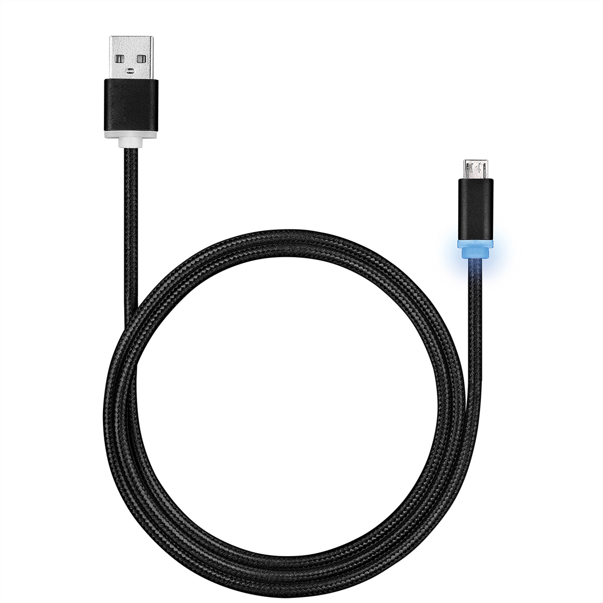 Cavo USB nero con connettore USB e micro USB, entrambi neri.