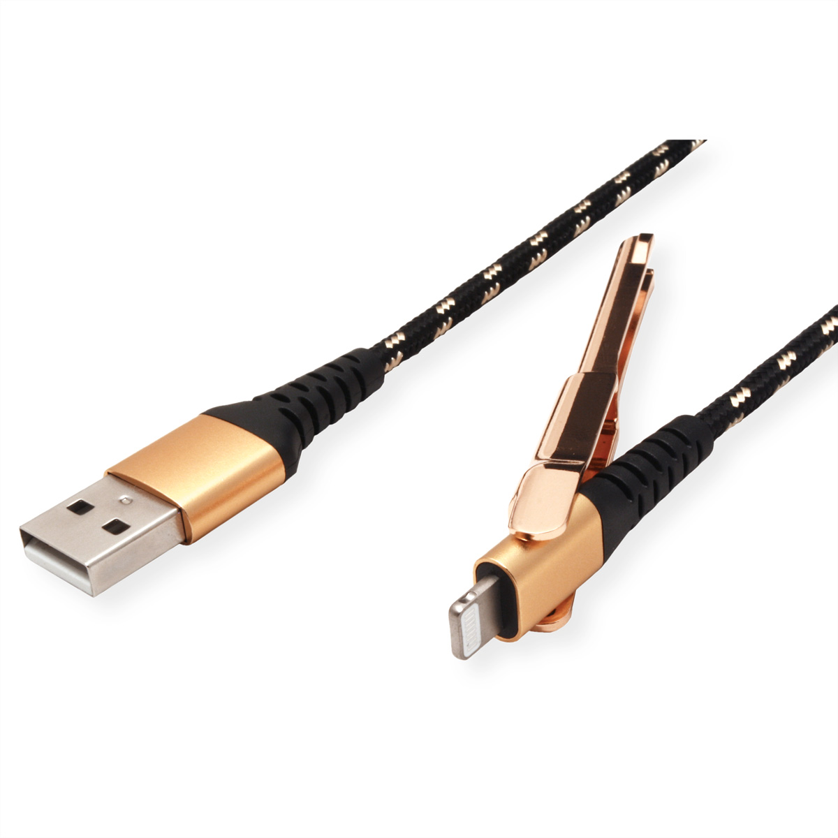 USB to Lightning cable with gold connectors, and a black and gold braided cable.