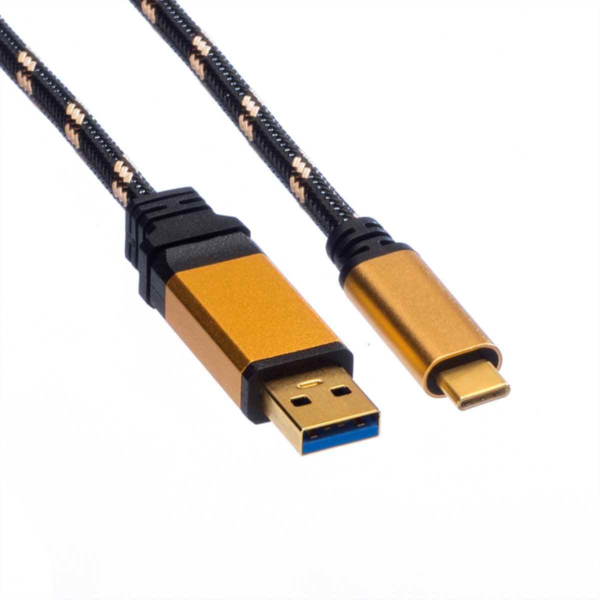 Gold and black USB cable. One end is USB, the other is type-C, both are gold.