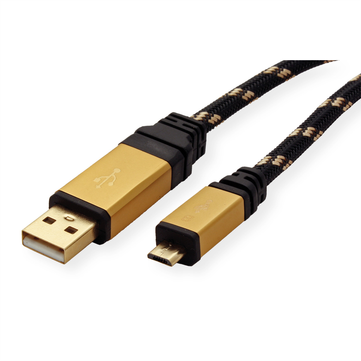 Gouden en zwarte USB naar Micro USB-kabel. De kabel heeft een gevlochten ontwerp. Witte achtergrond.