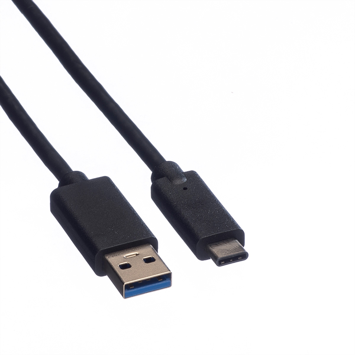 Czarny kabel USB ze złączami USB-A i USB-C, na białym tle.
