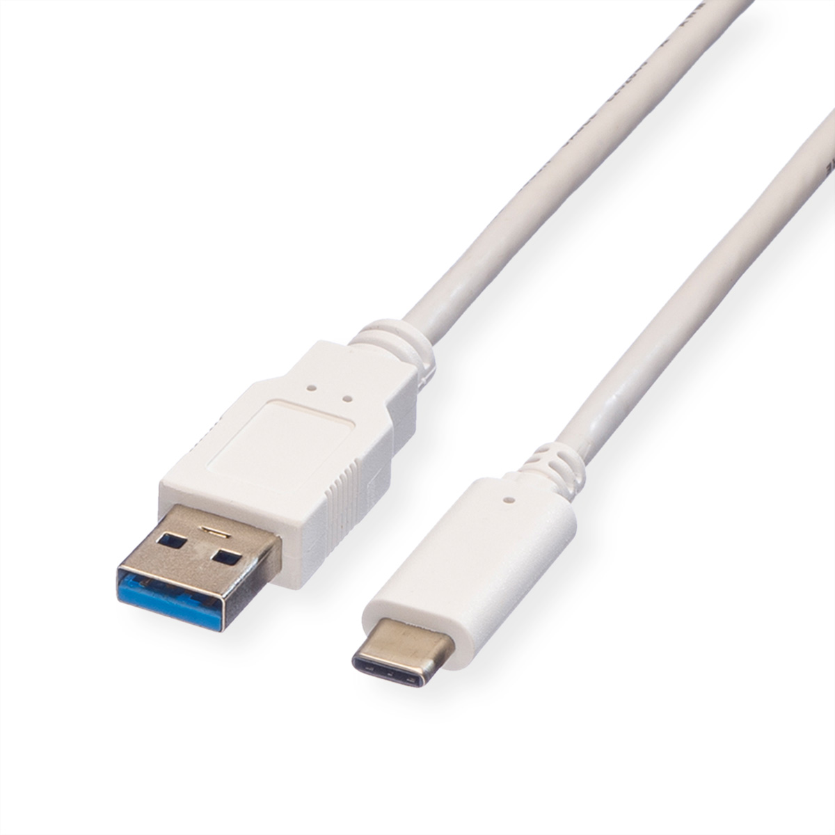 Witte USB naar USB-C-kabel. De connectoren zijn wit en de achtergrond is wit.