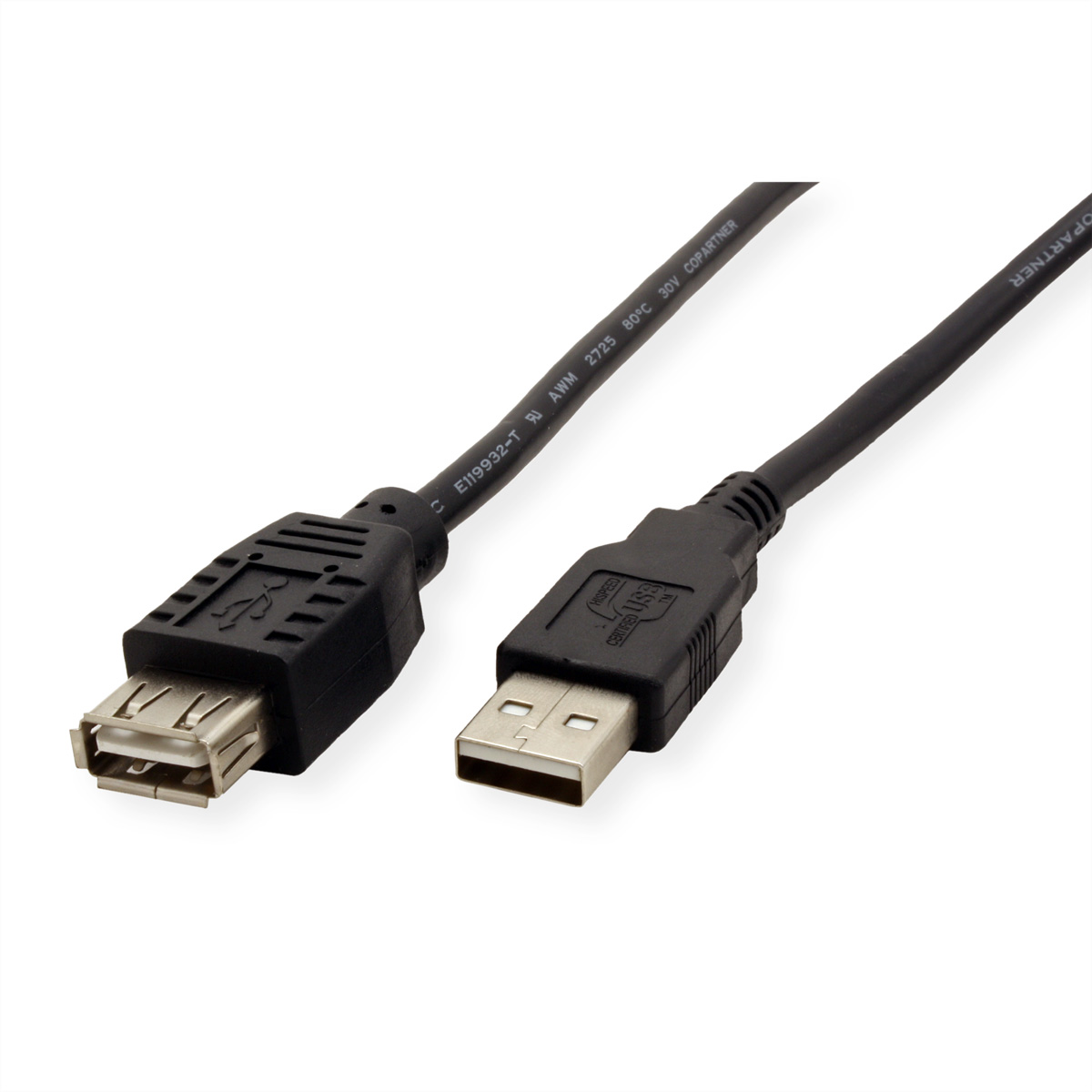 Cavi USB neri con due connettori diversi. Uno è USB-A, l'altro è USB-B.