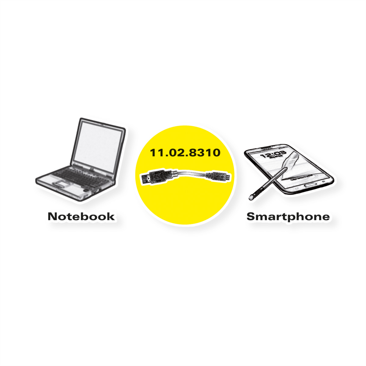 Ordinateur portable, câble USB et smartphone sur fond blanc.