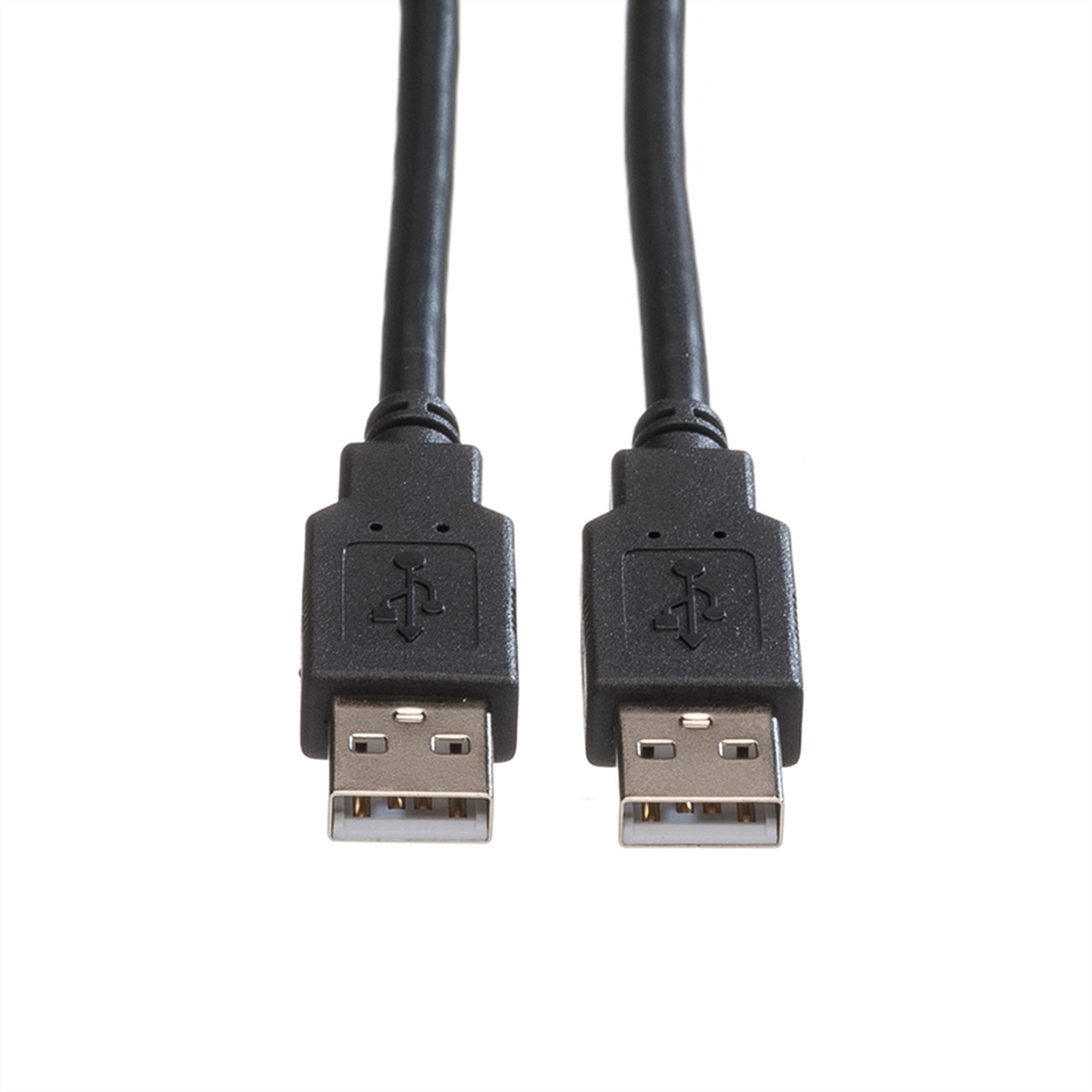 Deux câbles USB noirs avec connecteurs USB. Fond blanc.