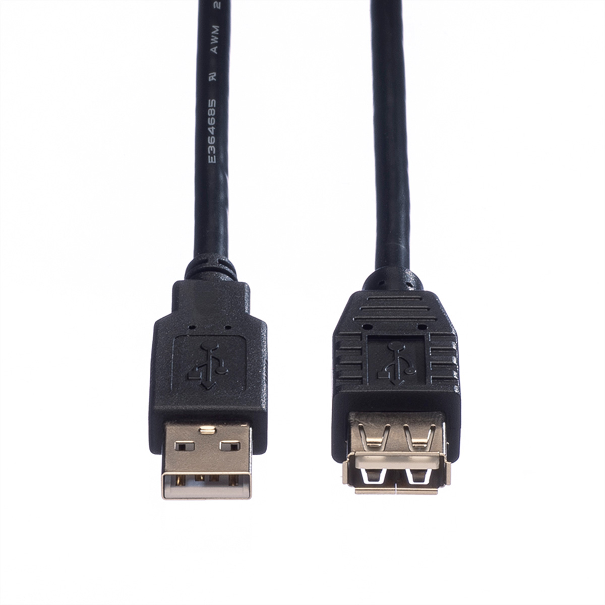Due cavi USB neri con connettori USB-A e USB-B mostrati su uno sfondo bianco.