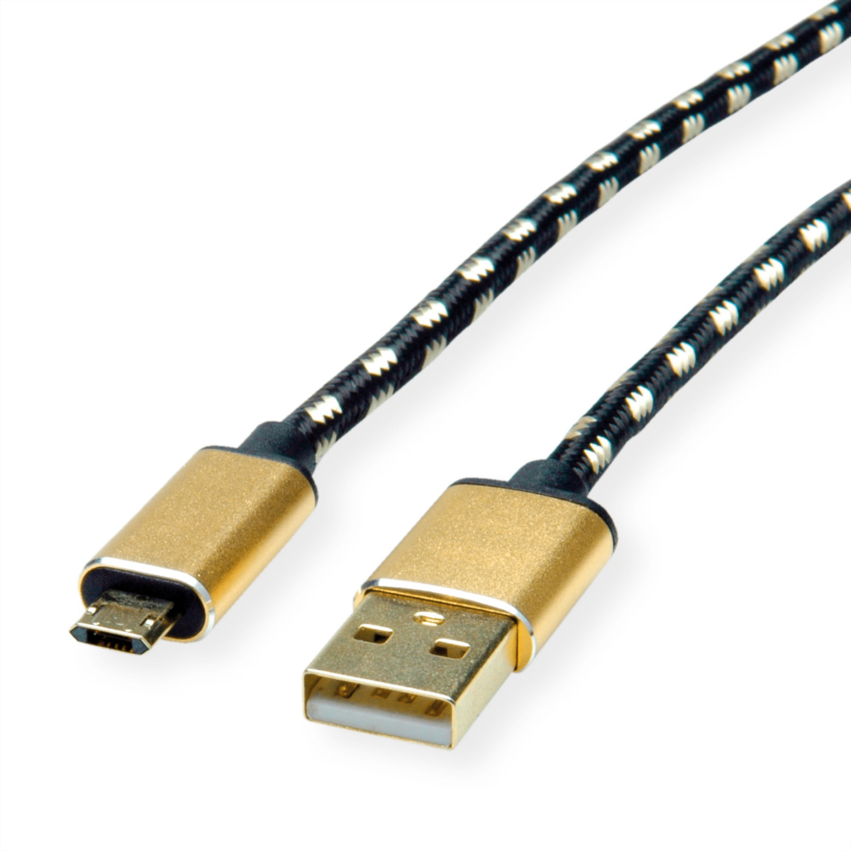 Câble USB noir et doré. Connecteurs dorés, câble tressé noir et blanc, fond blanc.