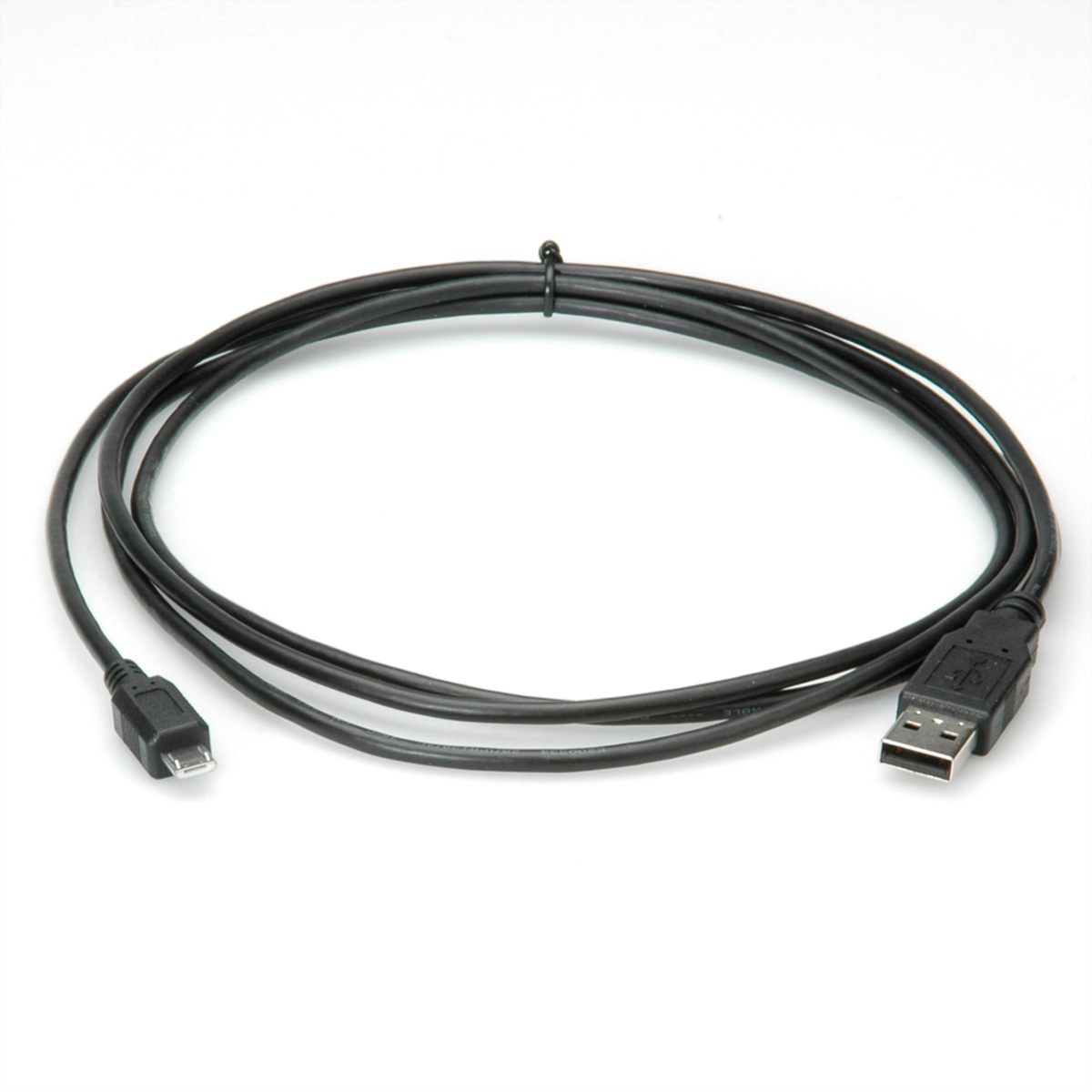 Cavo USB nero con connettori micro USB e USB.