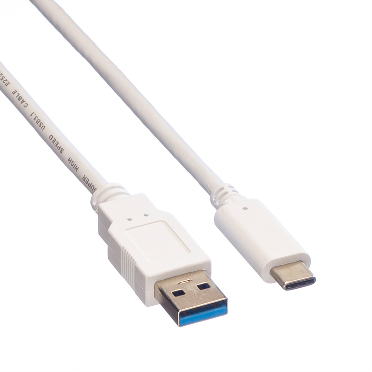 Witte USB 3.1-kabel met blauwe connector. USB-A- en USB-C-connectoren. Witte achtergrond.