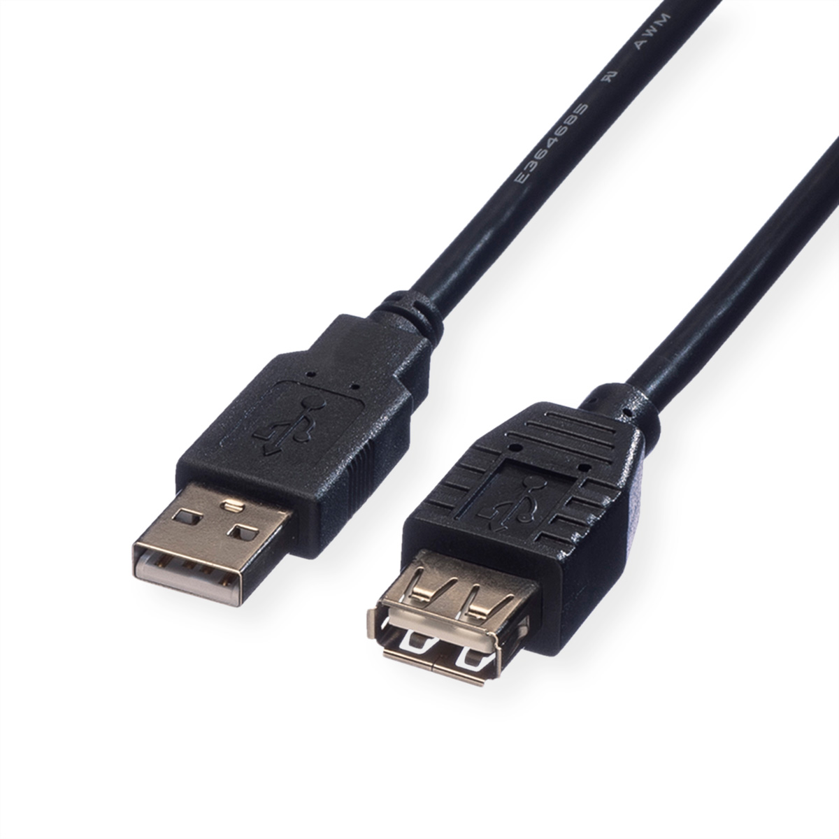 Un cavo USB nero con connettori USB-A e USB-B su sfondo bianco.