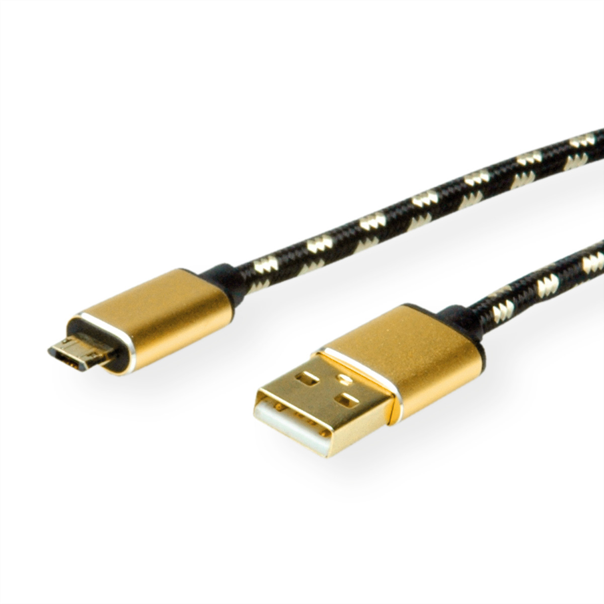 Câble USB avec connecteurs dorés. Une extrémité est micro USB, l'autre USB A. Câble tressé noir et blanc.