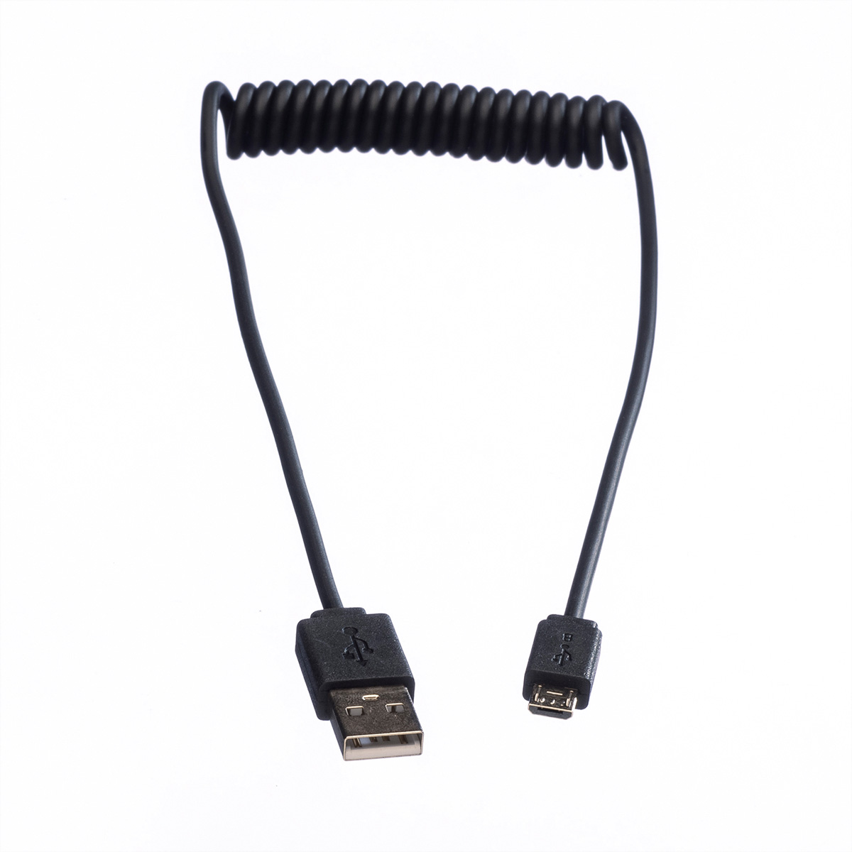 Câble USB noir enroulé avec connecteurs USB et micro USB.